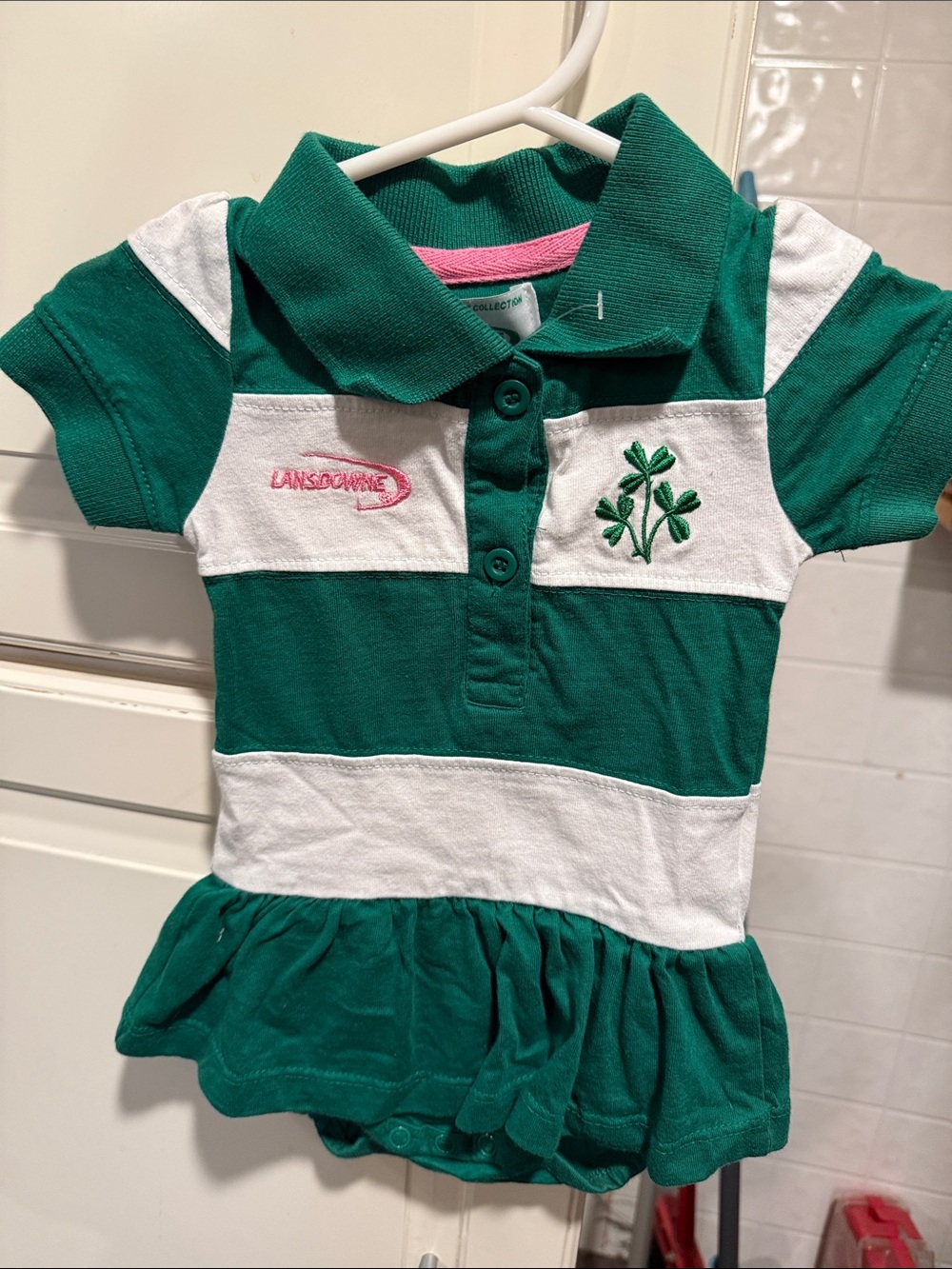 Lansdowne Green & White Girls' Polo Dress Top with Clover size 0-6 months 6:10